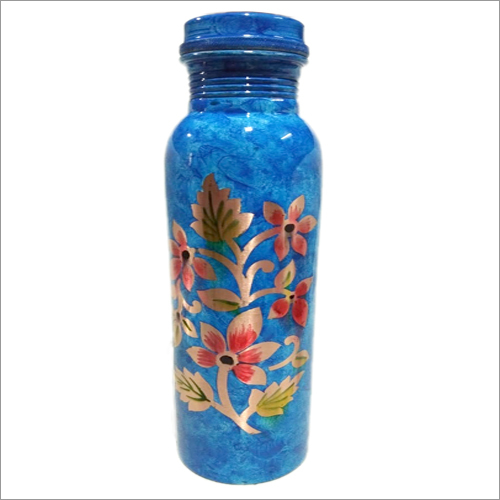 Printed Copper Water Bottle - 500ml, 7cm Diameter, Blue | Durable, Lightweight, Floral Print, Keeps Water Cool