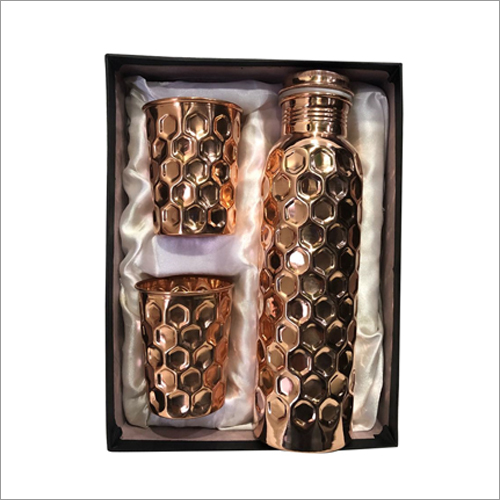 Copper Hammered Water Bottle Set With Glass Set