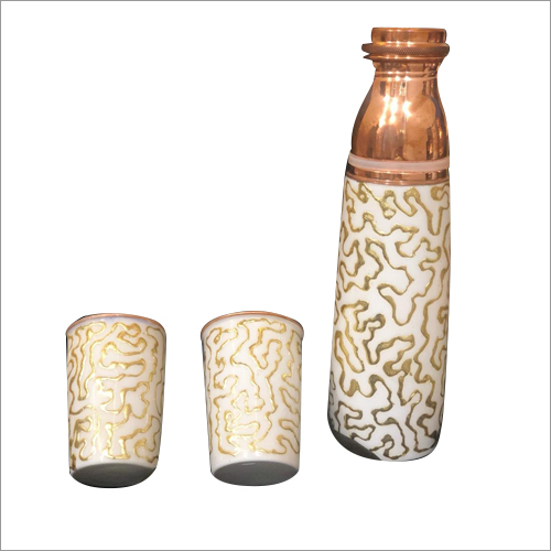 Copper Printed Bottle With Glass Set - Copper 1L Bottle, 250ml Glasses, 12x3 & 4x2 Inches, Leakproof, Durable Material