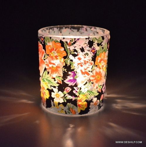 DECORATED GLASS PRINTED CANDLE VOTIVE HOLDER