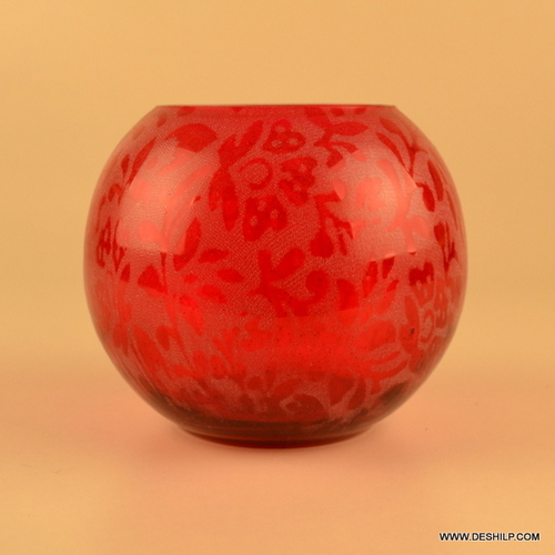 PRINTED GLASS RED COLOR T LIGHT CANDLE VOTIVE HOLDER