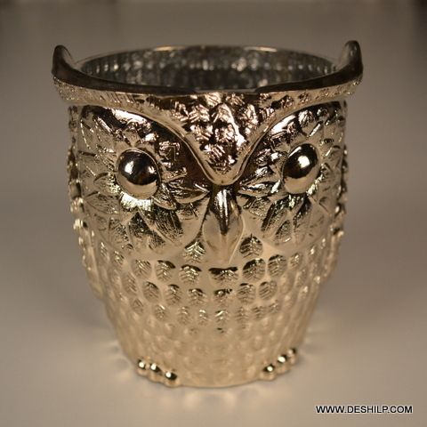 OWL SHAPED GLASS SILVER CANDLE HOLDER