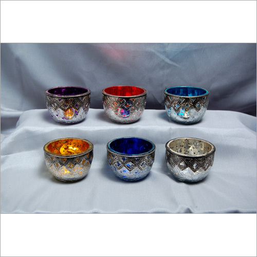 Votives - Glass, 5.5 cm Height, 8 cm Diameter, Multicolor | Etched Design, Mirrored Finish, Durable, Easy to Clean