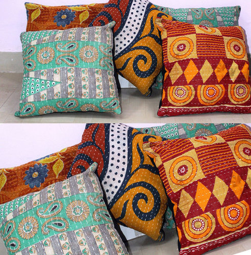 Multi Colored Cotton Cushion Cover 24X24" Ethnic Handmade Kantha Home Decorative Pillow Case