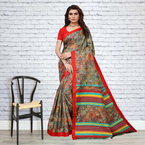 Elephant Print Multi Color Mysore Silk Saree