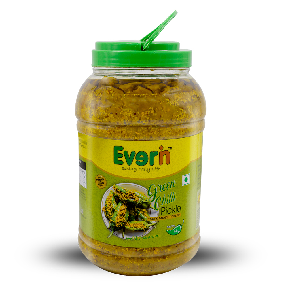 5kg Green Chilli Pickle - PET Bottle, 140MM x 140MM x 280MM | Spicy & Salty Taste, Sliced & Whole, 18 Months Shelf Life