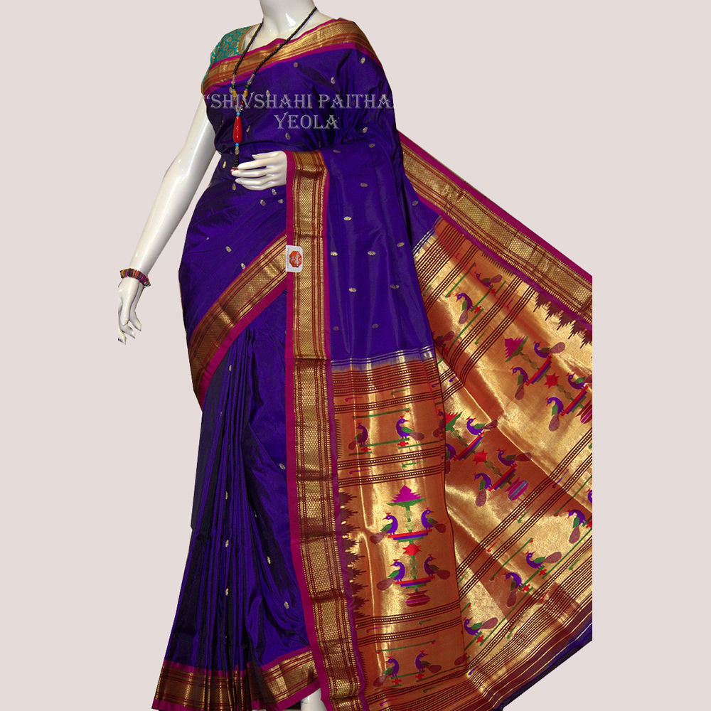 Cotton Silk Fancy Pallu Dark Blue Paithani With Golden Maroon Border Saree