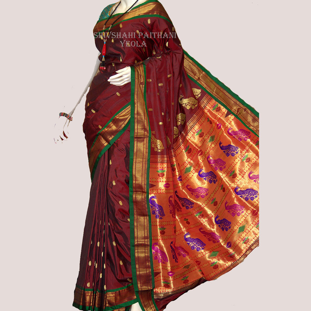 Cotton Silk Tishhu Pallu Brown Paithani With Golden Green Border Saree