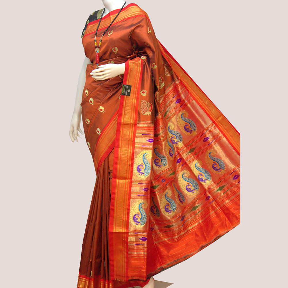 Cotton Silk Tishhu Pallu Dark Orange Paithani With Golden Border Saree