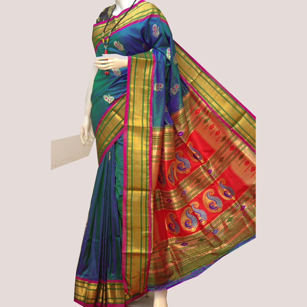 Cotton Silk Tishhu Pallu Royal Blue Paithani With Golden Border Saree