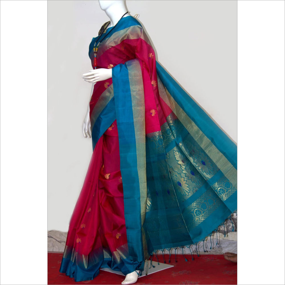 Printed Upada Red Silk Saree With Blue Border