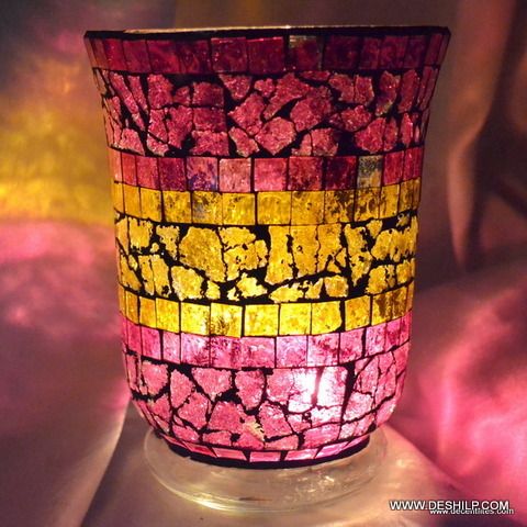 PINK MOSAIC CREAK GLASS CANDLE HOLDER