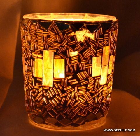 YELLOW EFFECT MOSAIC GLASS CANDLE HOLDER