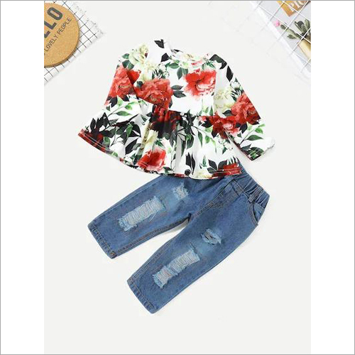 Polyester Girls Jeans And Top Set