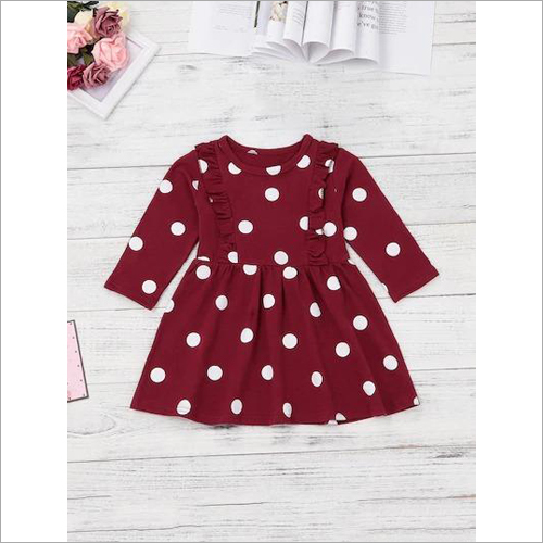 Girls Dotted Printed Frock - Polyester Fabric, 3/4 Sleeve Design, Maroon with White Dots, Modern Style for Special Occasions
