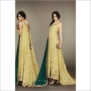 Class-A Ladies Gown - Cotton, Long Length, Golden Colour with Glitter Pattern | Eye-Catching Neck Design, Short Sleeves, Comfortable & Lightweight