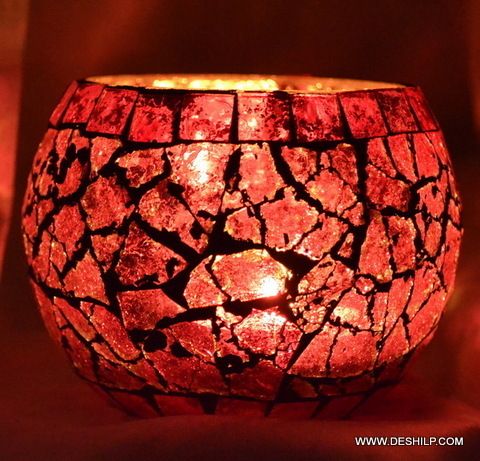 RED GLASS BOWL SHAPE CANDLE HOLDER