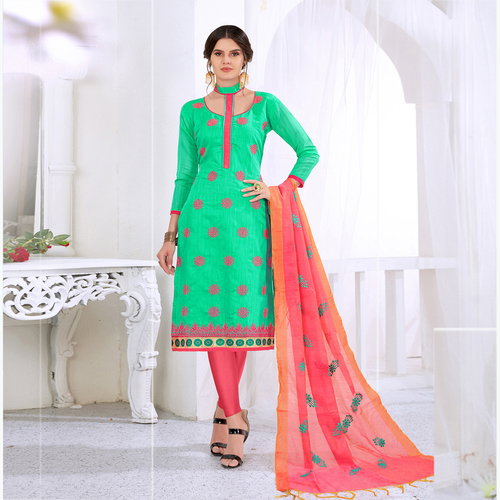 Green And Peach Embroidered Women Dress Material