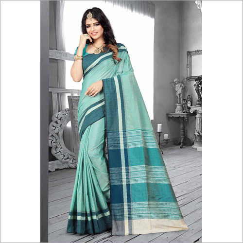 Ladies Pure Silk Saree - Pure Silk, 5.5 Meters, Teal, Striped | Elegant Look, Skin Friendly, Impeccable Finish, Great Comfort