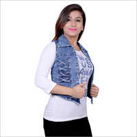 Blue Ladies Denim Sleeveless Jacket