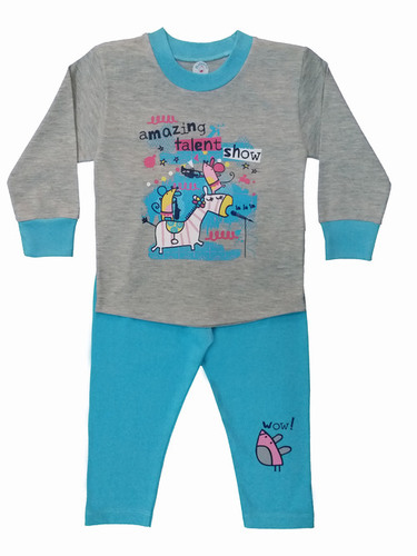 Girls Nightwear - Cotton Summer Night Dress, Printed Pattern in Grey with Blue for Ages 0-5