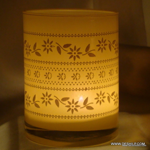 YELLOW GLASS WITH PRINT T LIGHT CANDLE HOLDER