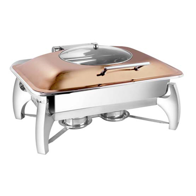 Rectangular Rose Gold Glass Lid Chafer With Grand Legs - Stainless Steel, 18x12x8 Inches, Rose Gold | Food Warming, Durable Material, Easy Serving