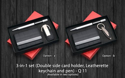 3 in 1 Set ( Double Side Card Holder Leatherette Keychain and Pen)