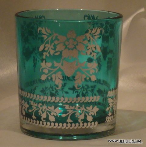 SKY BLUE PRINTED GLASS T LIGHT VOTIVE