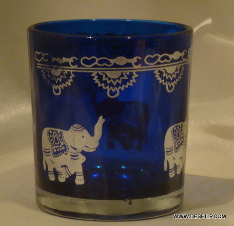 BLUE GLASS ELEPHANT PRINTING GLASS CANDLE HOLDER