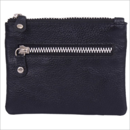 Small Leather Coin Pouch - 100% Genuine Leather, Black Color with Zip Closure for Storing Keys & Coins