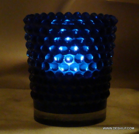 DOTTED GLASS BLUE COLOR CANDLE HOLDER