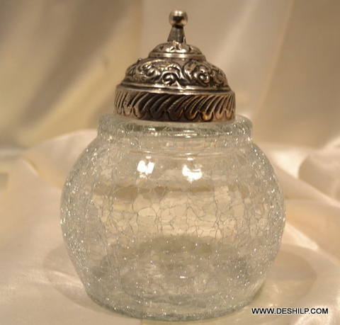 CRACKLE GLASS JAR WITH METAL COVER