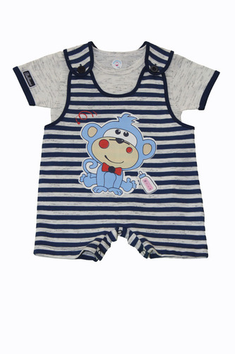 ROMPER - Navy and Red Cotton Romperset, O-Neck, Printed Pattern for Boys Aged 0-5 Years