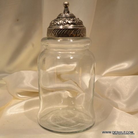ROUND GLASS CLEAR JAR WITH METAL FITTING