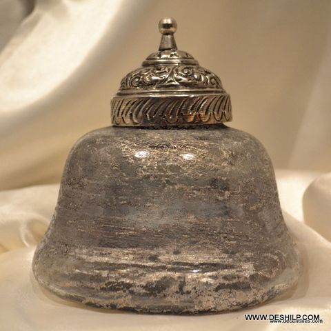 ANTIQUE SHAPE AND COLOR GLASS JAR WITH LID