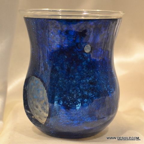 BLUE GLASS SILVER CANDLE OIL BURNER