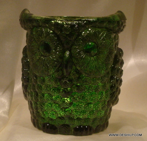 OWL SHAPE GREEN GLASS CANDLE HOLDER