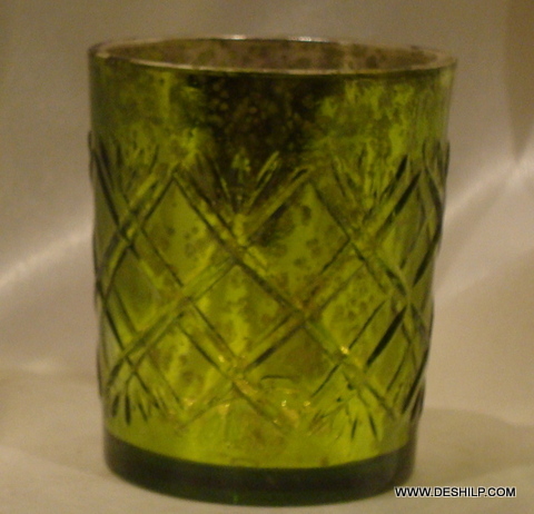 GREEN GLASS SILVER T LIGHT VOTIVE square shaped
