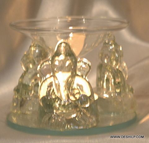 INDIAN RELIGION GLASS GANESHA MURTI WITH T LIGHT CANDLE