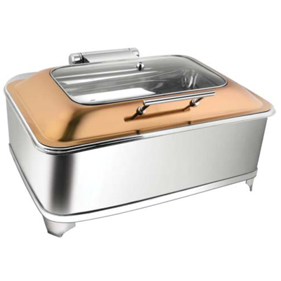 Rectangular Rose Gold Rect Glass Chafer With Fuel Frame - Stainless Steel, 18x12x6 Inches, Rose Gold | Food Warming, Glass Lid, Sterno Fuel