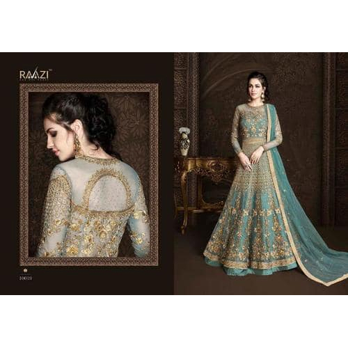 Designer Semistiched Salwar Suits - Polyester Material, Sea Green & Golden Color | Breathable, No Fade, Washable, Full Sleeves, Embroidered Design
