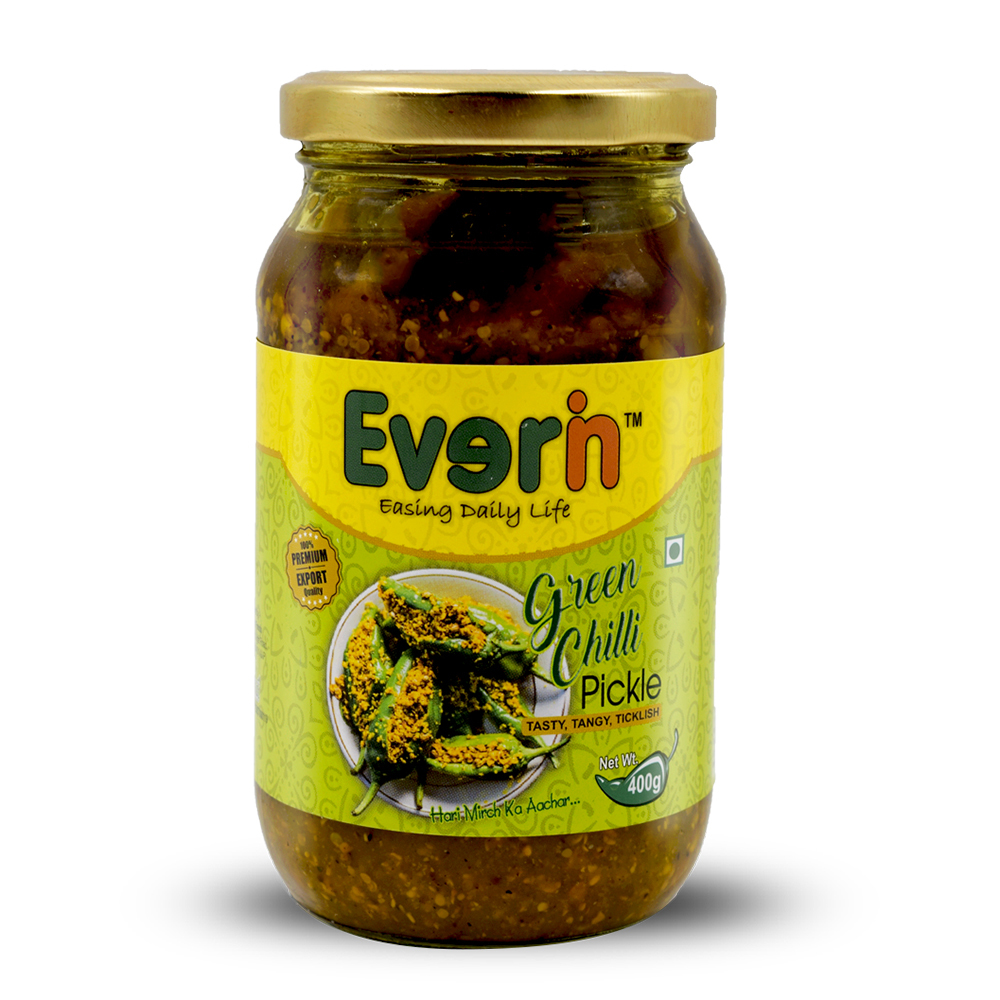 400 Gram Green Chilli Pickle - Glass Jar, 400g Weight, Spicy & Sour Flavor, 12 Months Shelf Life, Sliced Shape, 9g Carbohydrates, 2g Protein, 5g Fat