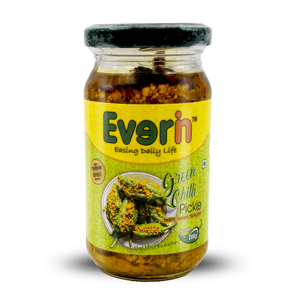 200 Gram Green Chilli Pickle - Glass Jar, 200g Size, Spicy Flavor, 9g Carbohydrates, 5g Fat, 2g Protein, 18 Months Shelf Life, Salt & Spice Taste
