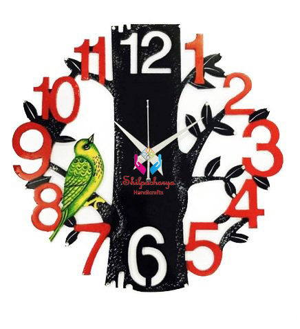 Hand Painted Wooden Wall Clock Multi Color Tree and Bird By SHILPACHARYA HANDICRAFTS