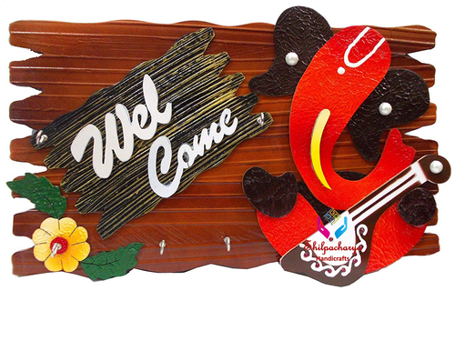 Decorative Handmade Wooden Ganesha Key Holder with Quote Welcome Home - Wood, 12x8 Inches, Brown | Hand-Painted, Rustic, 3 Hooks