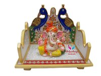 Hand Painted Marble Ganesha with Peacock Design Singhasan