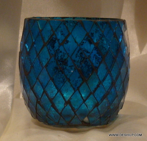 Antique-Style Glass Blue Mosaic Votive