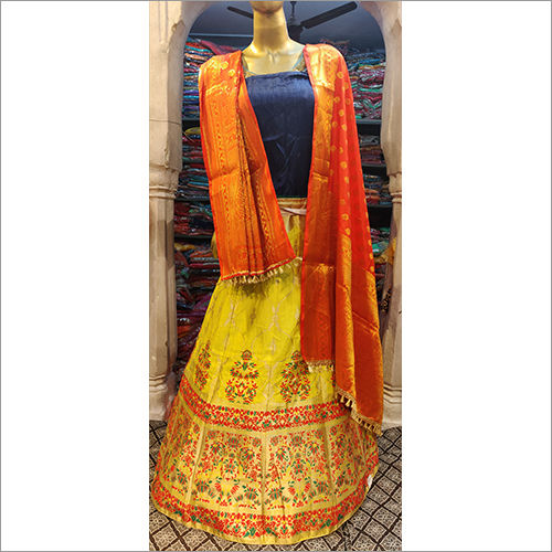 Blue Yellow & Orange Brocade Lehenga