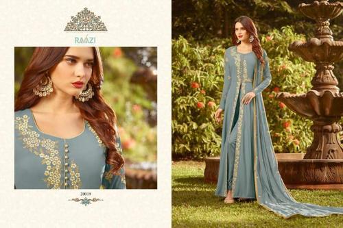 Embroidered Wedding Suits - Cotton Salwar Kameez Light Blue Long Sleeve Printed Design | Washable Breathable No Fade